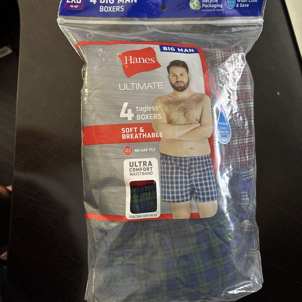 NEW Hanes Ultimate 4-Pack Tagless Boxers Mens 2XB BIG MAN Cool Comfort $42